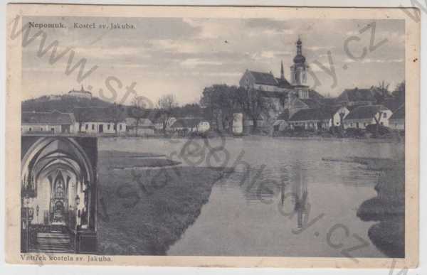  - Nepomuk (Plzeň - jih), více záběrů, kostel, interiér, částečný záběr města