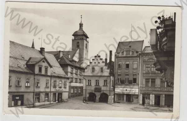  - Česká Kamenice (Děčín), věž, částečný záběr města, obchod, reklama