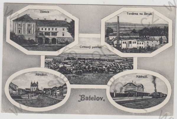  - Batelov (Jihlava), více záběrů, zámek, celkový pohled, továrna, náměstí, nádraží, koláž