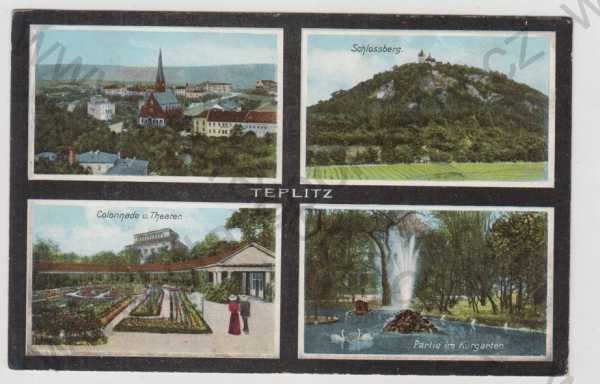  - Teplice (Teplitz), více záběrů, celkový pohled, Doubravská hora, kolonáda, divadlo, partie, zahrada, kašna, kolorovaná