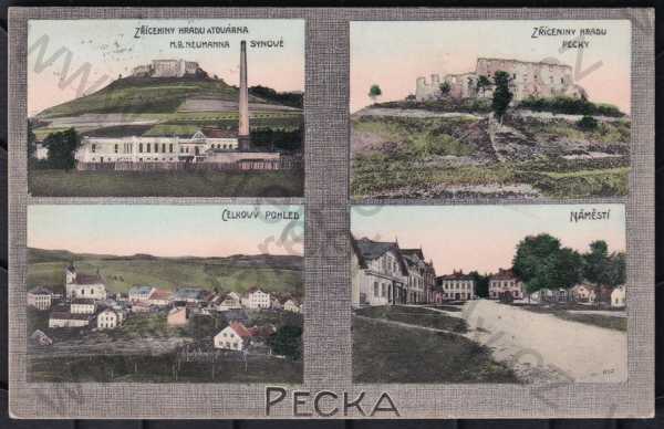  - Pecka (Jičín), barevná, kolorovaná, více záběrů, továrna, zřícenina hradu, celkový pohled, náměstí