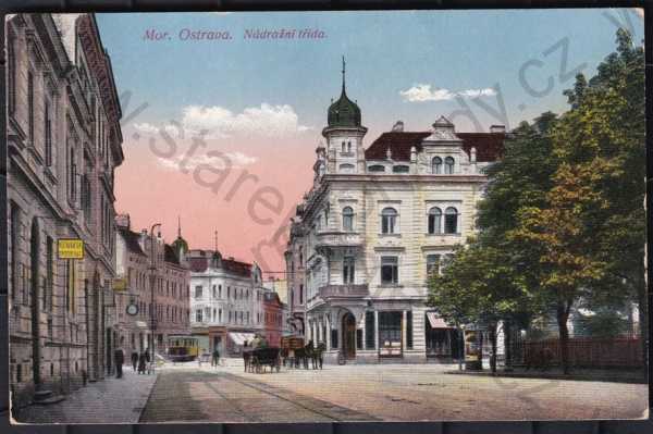  - Moravská Ostrava (Ostrava), kolorovaná, barevná, Nádražní třída, tramvaj, kůň, koňský povoz