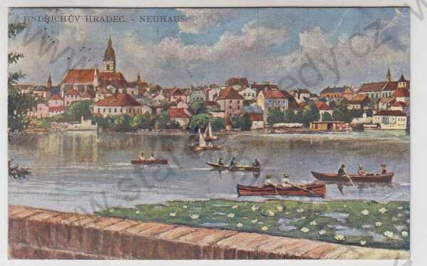  - Jindřichův Hradec (Neuhaus), částečný záběr města, řeka, loď, kolorovaná