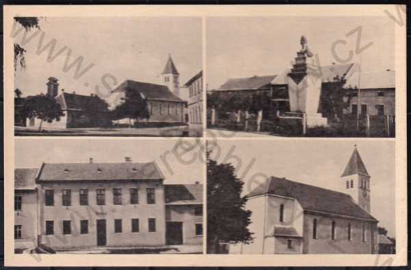  - Želeč (Prostějov), více záběrů, náves, kostel, škola, pomník obětem 1.světové války