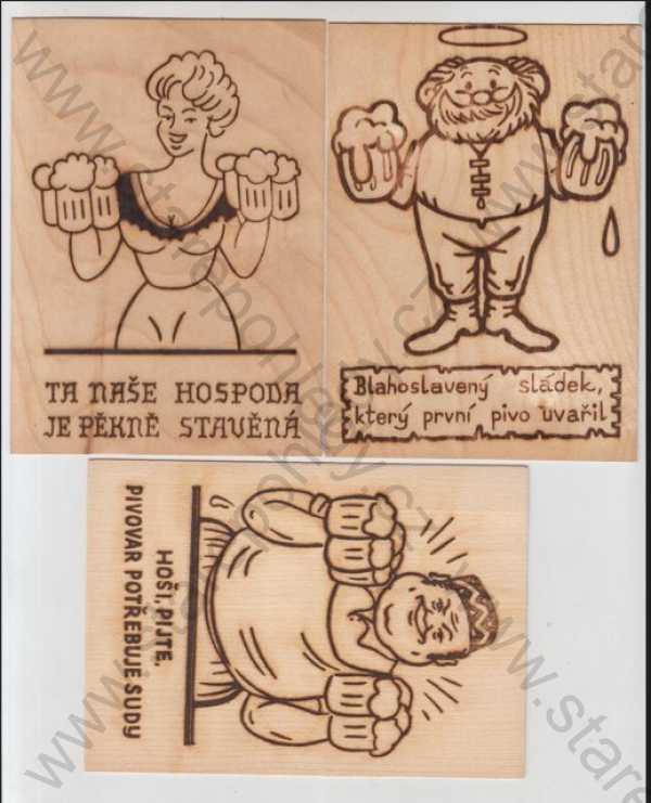  - 3x Hostinský žánr, výčepní, pivo, sládek, žena, dýha, dřevo