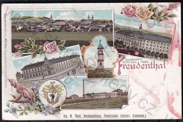  - Bruntál (Freudenthal), kolorovaná, barevná, více záběrů, celkový pohled, kaplička, zámek, továrna, DA