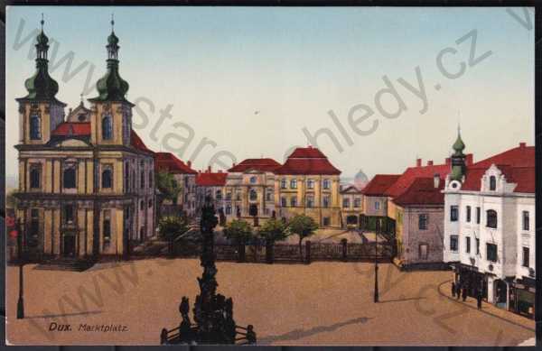  - Duchcov (Teplice), barevná, kolorovaná, náměstí, kostel, morový sloup