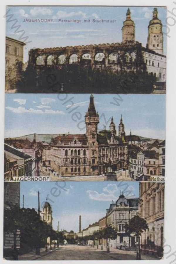 - Krnov (Jägerndorf) - Bruntál, více záběrů, radnice, pohled ulicí, synagoga, kolorovaná