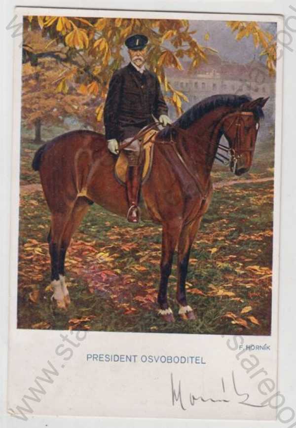  - T. G. Masaryk, prezident, kůň, kolorovaná, podpis