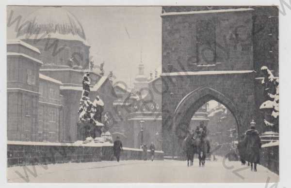  - Praha 1, Karlův most, Mostecká věž, kůň, Vánoce, sníh, zimní