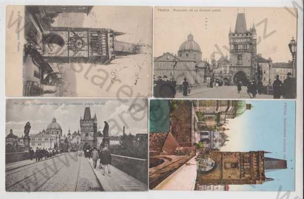  - 4x Praha 1, Karlův most, mostecká věž, Křížovnický klášter, kolorovaná