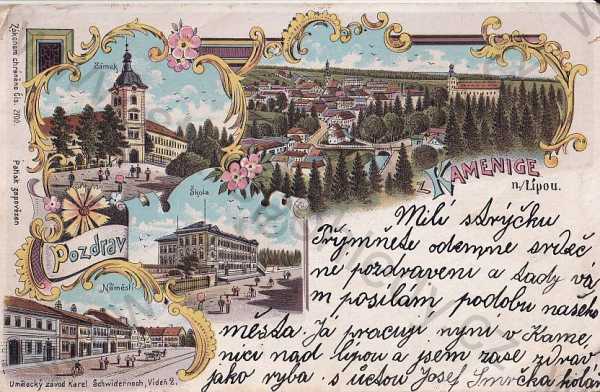  - Kamenice nad Lipou Pelhřimov, celkový pohled, kostel, škola, náměstí barevná, DA