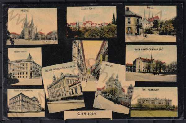  - Chrudim, kolorovaná, barevná, koláž, více záběrů, náměstí, celkový pohled, partie, obchodní akademie, pohled ulicí, škola, gymnázium, muzeum