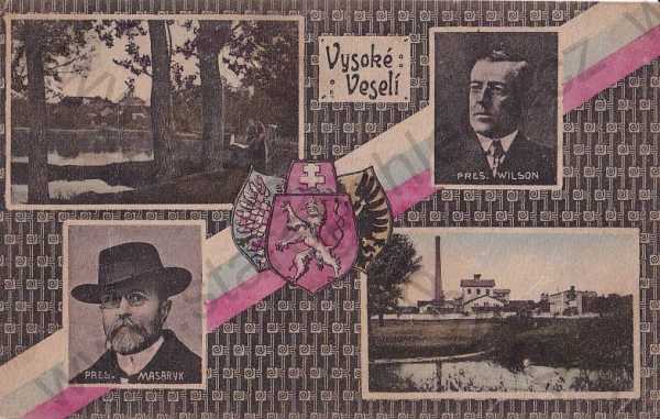  - Vysoké Veselí Jičín, celkový pohled, Wilson Masaryk portrét rybník erb barevná
