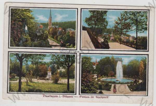  - Trutnov (Trautenau), více záběrů, park, kašna, vodotrysk, kostel, částečný záběr města, kolorovaná