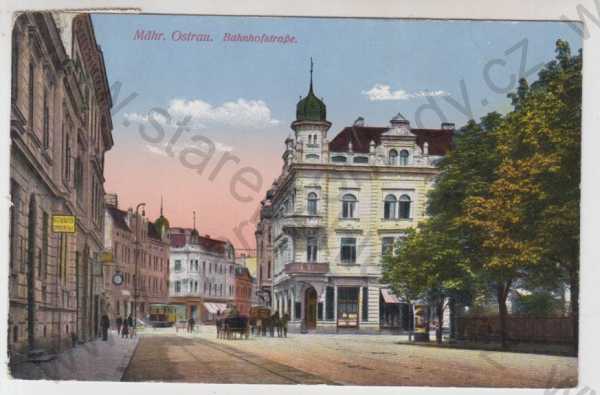  - Ostrava (Mähr. Ostrau), pohled ulicí, kůň, kočár, tramvaj, kolorovaná