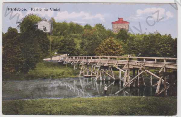  - Pardubice, partie, na Vinici, řeka, most, kolorovaná