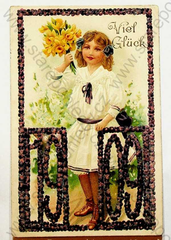  - Přání k Novému roku - dívka s květinami, kolorovaná, plastická karta