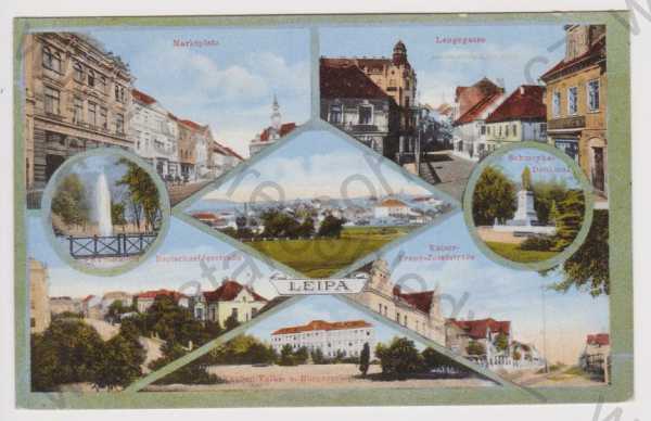  - Česká Lípa - náměstí, Dlouhá třída, pomník, celkový pohled, škola, fontána, koláž, kolorovaná