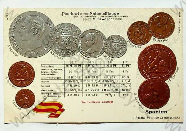  - Mince - Španělsko - mince, kurzy měn, plastická karta, zlacená, kolorovaná