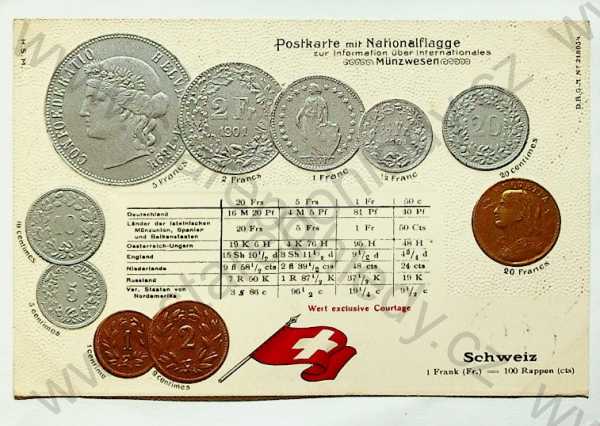  - Mince - Švýcarsko - mince, kurzy měn, plastická karta, zlacená, kolorovaná