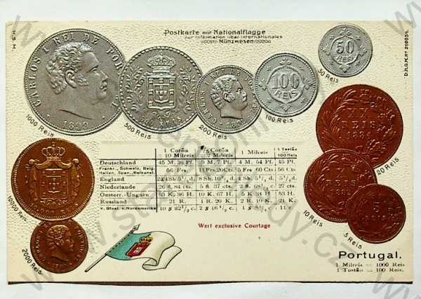  - Mince - Portugalsko - mince, kurzy měn, plastická karta, zlacená, kolorovaná