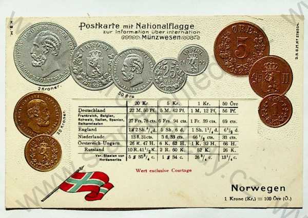  - Mince - Norsko - mince, kurzy měn, vlajka, plastická karta, zlacená, kolorovaná