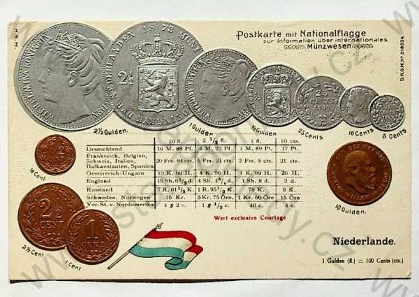  - Mince - Nizozemsko - mince, kurzy měn, vlajka, plastická karta, zlacená, kolorovaná