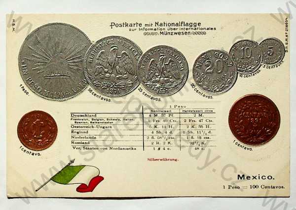  - Mince - Mexiko - mince, kurzy měn, vlajka, plastická karta, zlacená, kolorovaná