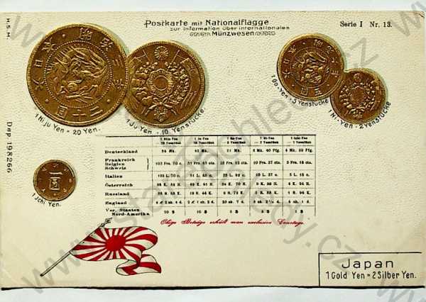  - Mince - Japonsko - mince, kurzy měn, vlajka, plastická karta, zlacená, kolorovaná, DA