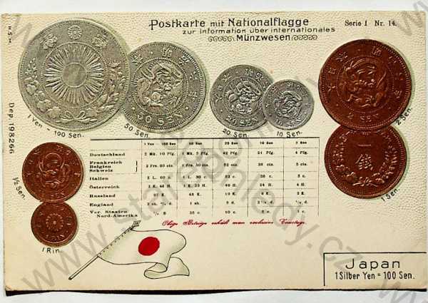  - Mince - Japonsko - mince, kurzy měn, vlajka, plastická karta, zlacená, kolorovaná, DA