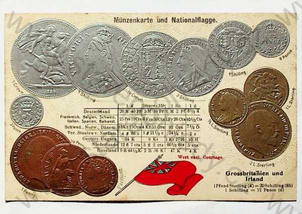  - Mince - Velká Británie a Irsko - mince, kurzy měn, vlajka, plastická karta, zlacená, kolorovaná