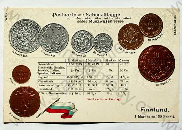  - Mince - Finsko - mince, kurzy měn, vlajka, plastická karta, zlacená, kolorovaná