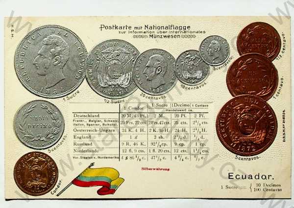  - Mince - Ekvádor - mince, kurzy měn, vlajka, plastická karta, zlacená, kolorovaná