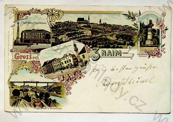  - Znojmo - celkový pohled, radnice, škola, pomník, most, Dyje, litografie, DA, koláž, kolorovaná, více záběrů