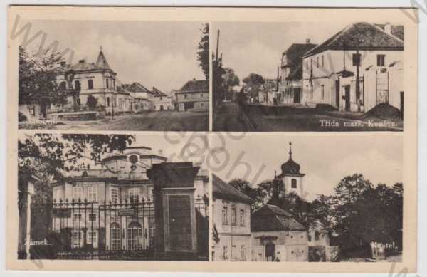  - Vinoř (Praha 9), více záběrů, náměstí, pohled ulicí, zámek, kostel