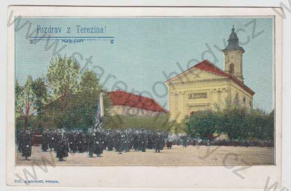  - Terezín (Litoměřice), kostel, voják, uniforma, nástup, kolorovaná