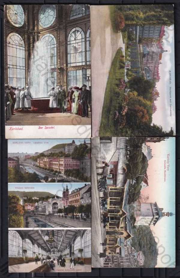 - 4x Karlovy Vary, barevná, kolorovaná, více záběrů, lázeňský dům, vřídelní kolonáda, vřídelní kolonáda uvnitř, park, vřídlo, kolonáda, kůň, koňský povoz