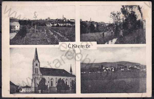  - Kremže (Český Krumlov), více záběrů, částečný záběr města, kostel, potok, celkový pohled