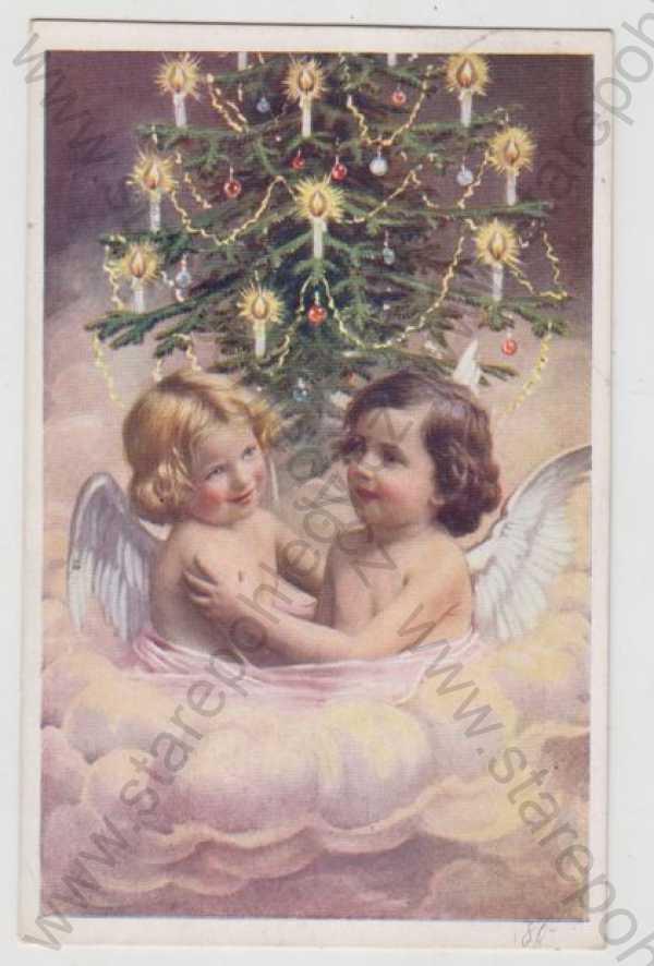  - Vánoce, anděl, stromeček, kolorovaná