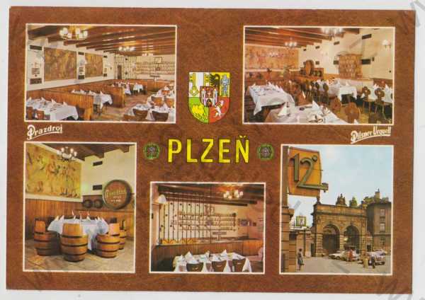  - Plzeň, Restaurace Prazdroj, více záběrů, erb, znak, velká karta