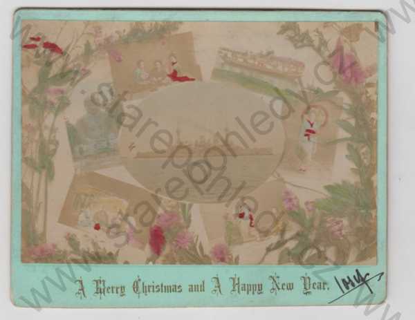  - Vánoce, Nový rok, fotokoláž, loď, Japonerie, není pohlednice, obrázek nalepený na tvrdé kartě