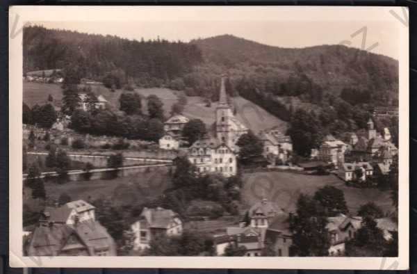  - Janov nad Nisou-Jizerské hory (Jablonec nad Nisou), částečný záběr města, pohled na město z výšky, kostel