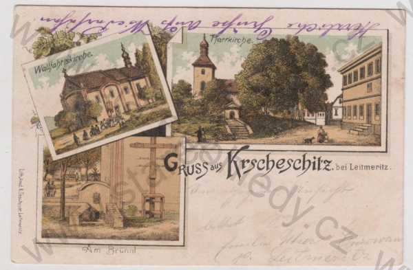  - Křešice (Krzeschitz) - Litoměřice, více záběrů, kostel, kolorovaná, DA