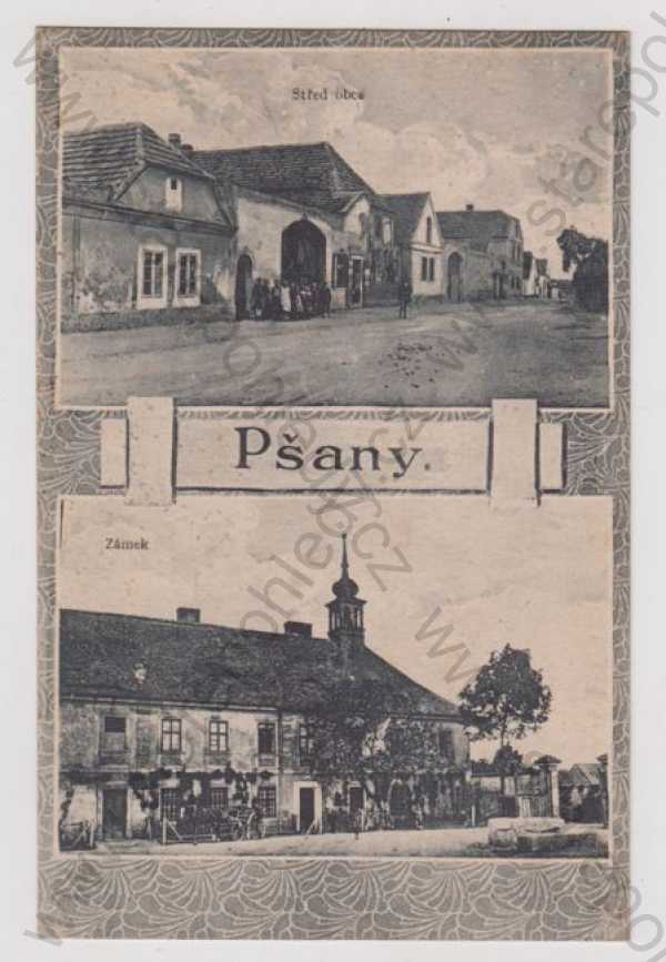  - Blšany (Pšany) - Louny, více záběrů, náves, zámek