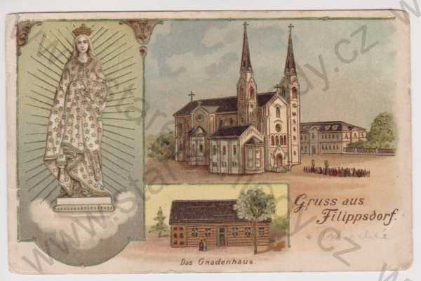  - Filipov - kostel, Boží rodička, Gnadenhaus, litografie, koláž, kolorovaná