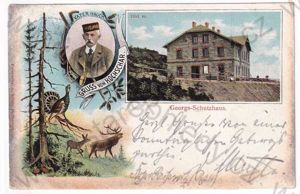  - Šerák - chata Jiřího (Jeseníky), portrét Hauck, jelen, poštovna razítko Georgs-Schutzhaus, koláž, kolorovaná, DA