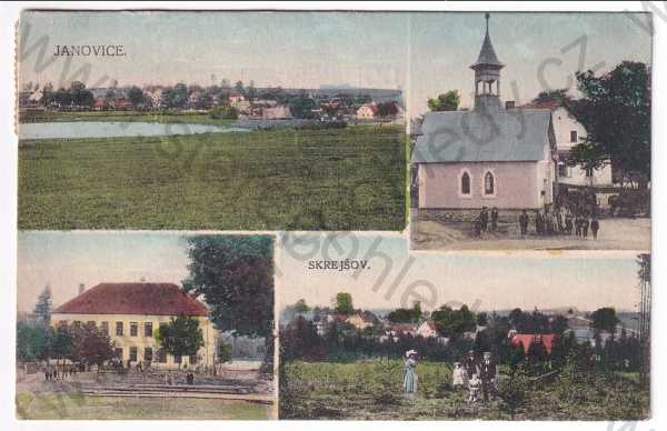  - Janovice, Skrejšov - celkový pohled, kaple, škola, kolorovaná