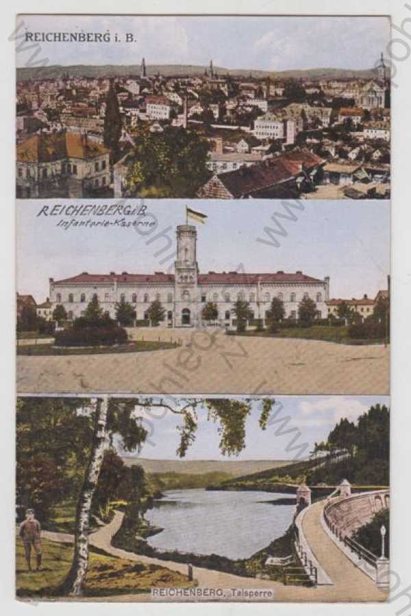  - Liberec (Reichenberg), více záběrů, celkový pohled, kasárny, přehrada, kolorovaná