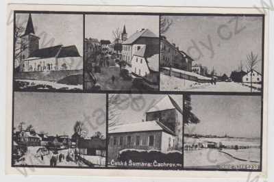  - Čachrov (Klatovy), více záběrů, kostel, pohled ulicí, část města, sníh, zimní, Šumava